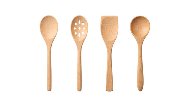 Four wooden cooking utensils, isolated on transparent background