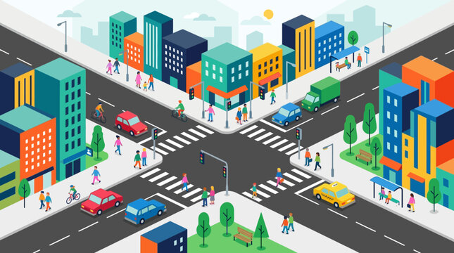 Isometric city intersection with cars, pedestrians, and buildings