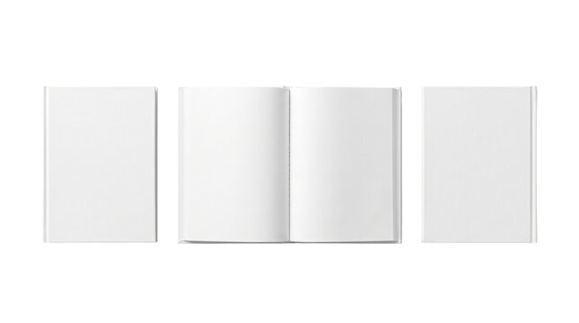 Blank open book with front and back covers, isolated on transparent background