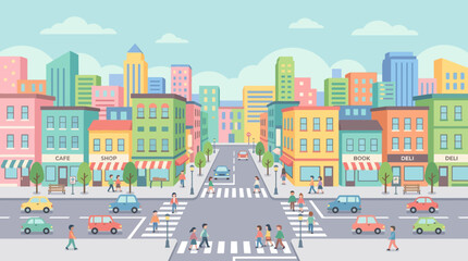 Fototapeta premium Colorful flat city street with buildings, cars, and pedestrians crossing road.