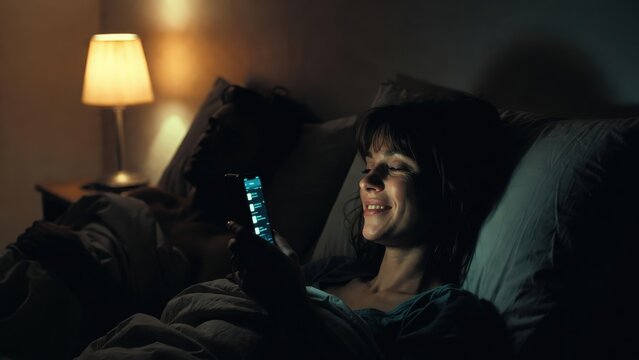 Realistic nighttime bedroom scene of a woman secretly smiling at smartphone messages while her sleeping partner remains unaware, illustrating secrecy, emotional distance, and digital relationship chal