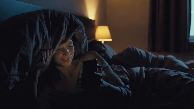 Realistic nighttime bedroom scene of a woman secretly smiling at smartphone messages while her sleeping partner remains unaware, illustrating secrecy, emotional distance, and digital relationship chal