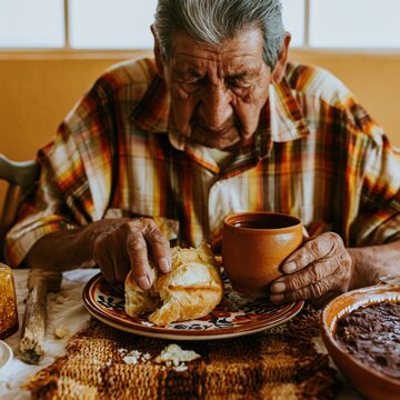 Senior man in a plaid shirt breaking bread at a traditional breakfast table for cultural culinary campaigns, elderly lifestyle features and healthy aging editorials