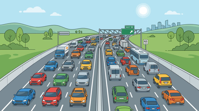 Heavy Traffic Jam on Highway with Cars and Trucks, City Skyline