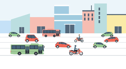 Fototapeta premium Urban traffic illustration with cars, buses, and scooters against city skyline