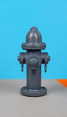 Fototapeta premium Dark grey fire hydrant standing on a grey surface against a bright blue backdrop for fire safety awareness, water infrastructure and urban utility concepts