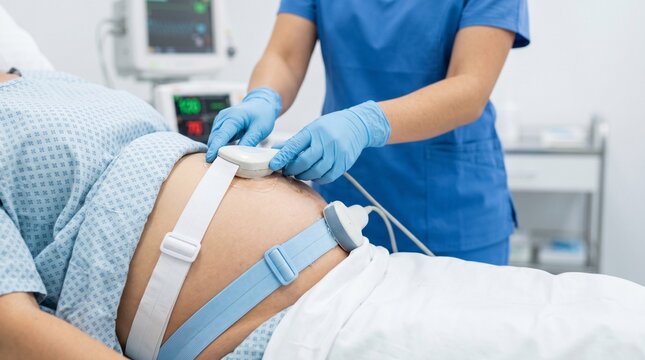 Medical professional placing fetal heart monitor sensors on pregnant woman