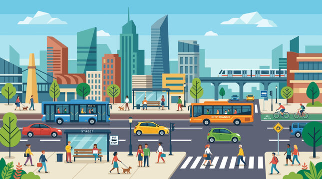 Urban Transport Scene: City Street with Buses, Cars, Pedestrians, and Buildings