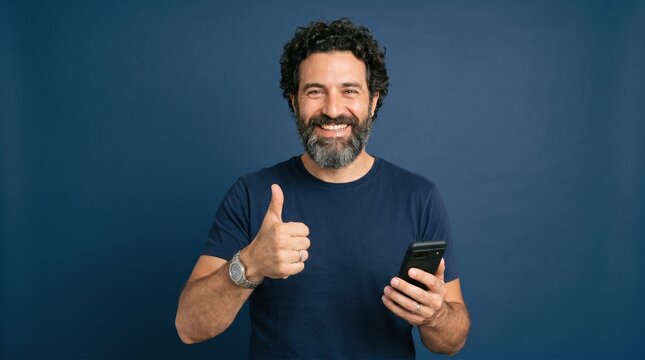 Smiling man giving thumbs up gesture holding mobile phone with smartphone technology background positive approval
