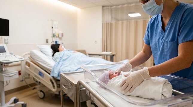 Nurse tending to newborn baby in hospital maternity ward