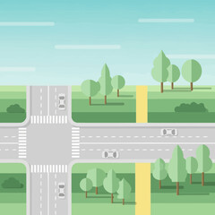 Fototapeta premium Abstract illustration of a city intersection with cars and trees
