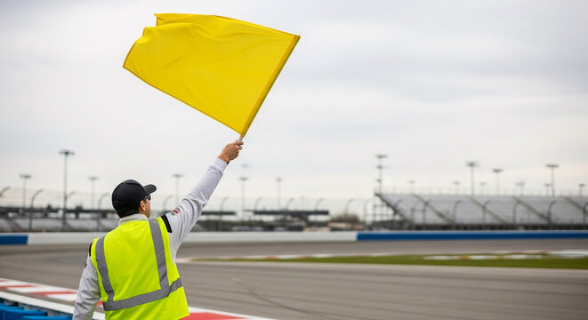 Race official waving yellow flag on track at sports stadium