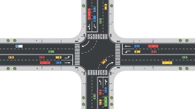 Aerial View of Urban Intersection with Vehicles and Road Markings
