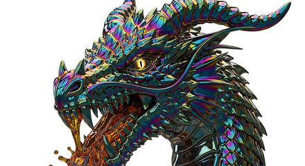 Fototapeta premium Multicolored Dragon Head with Fire Isolated on White
