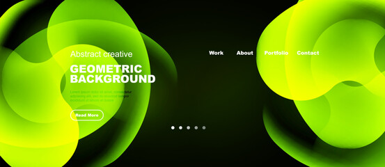 Naklejka na ściany i meble Abstract green shapes dominate dark background. Website navigation visible, text present. Modern design, vibrant colors, geometric patterns.