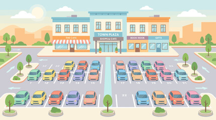 Fototapeta premium Vibrant Town Plaza Parking Lot with Colorful Cars and Shops