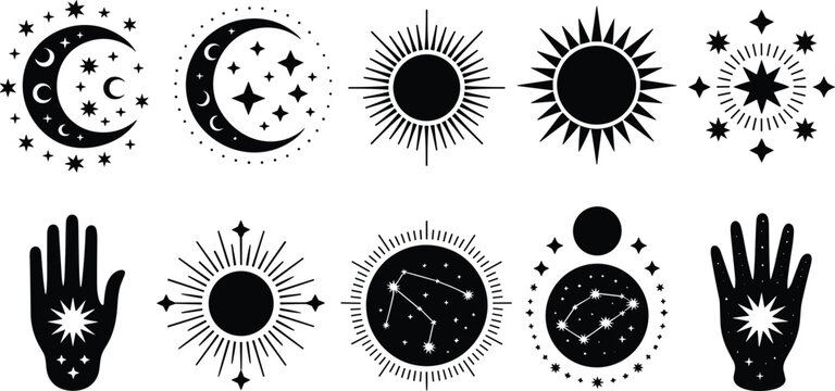 Celestial mystical symbols with moon, sun, stars, constellation and spiritual hands, black and white cosmic astrology design illustration artwork