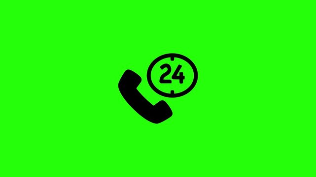 Premium 4K horizontal footage featuring a customer support telephone receiver paired with a 24 hour service clock badge bouncing. Creative popup asset representing nonstop corporate hotline assistance