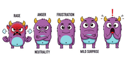 Purple cartoon monster with different emotions. © Eliy