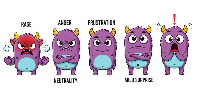 Purple cartoon monster with different emotions.