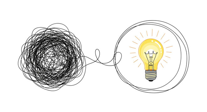 Conceptual illustration of a tangled black scribble transforming into a clear glowing light bulb inside a circle representing a bright idea.