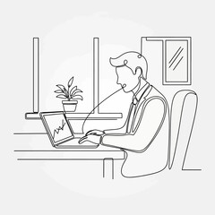 Fototapeta premium Business man working on laptop, office desk, continuous line drawing style