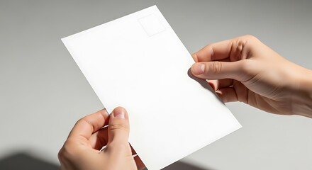 Obraz premium Hands holding blank white paper sheet for mockup.