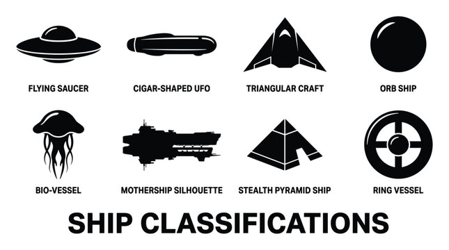 Eight futuristic alien spaceship classifications including flying saucer, cigar-shaped, triangular, and orb ship.