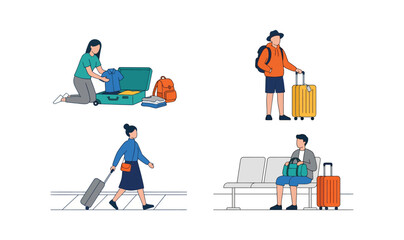 Fototapeta premium Travelers Packing Luggage and Waiting for Transport, Representing Vacation, Journey Planning, and Global Adventure Concepts in a Minimalist Style.