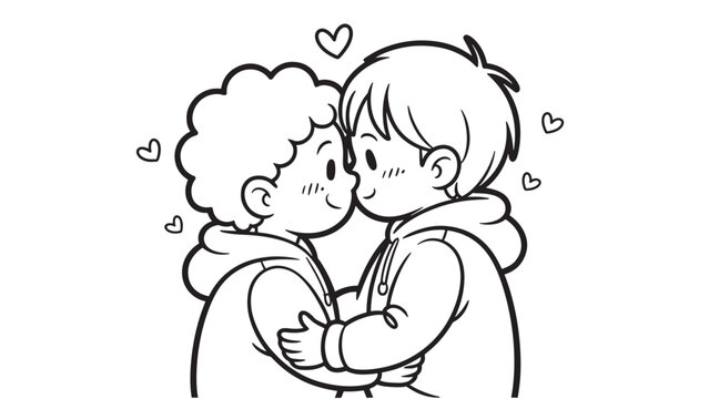 Cute Chibi Couple Kissing Line Art Illustration