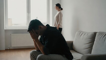 Fototapeta premium Conceptual studio photography illustrating emotional tension, betrayal, secrecy, infidelity, and modern relationship conflict through symbolic human interaction, body language, and minimalist visual s