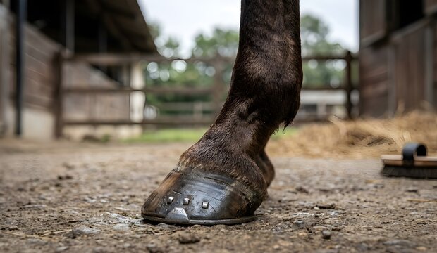 A professional reference image showing a horse's leg with a metal horseshoe, with realistic anatomical details and a strong structure.
