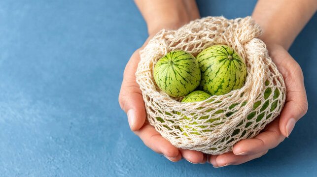 Hands holding a string net bag filled with small green striped mini watermelons, watermelon