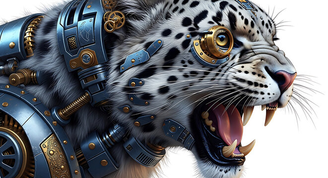Steampunk Snow Leopard Head with Mechanical Collar