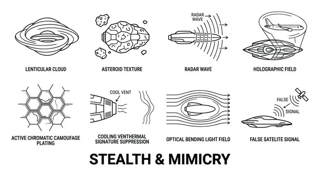 Lenticular cloud asteroid texture radar wave holographic field active chromatic camouflage plating cooling vent thermal signature false satellite signal.