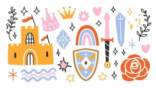 Colorful medieval fantasy sticker pack with castle crown sword shield rainbow and rose on white background