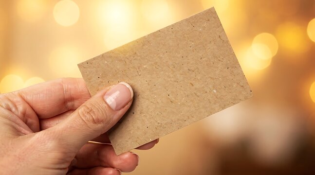 Hand Holding Blank Kraft Paper Card with Bokeh Lights Background.