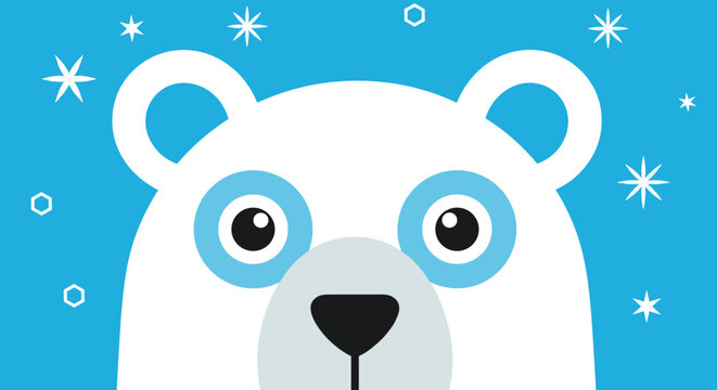 Cute polar bear face illustration with large eyes and snowflakes on a bright blue background for winter themed designs and cards.
