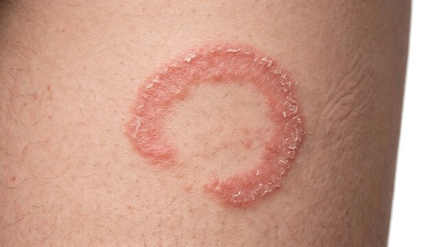 Ringworm fungal infection on human skin, circular red rash with raised scaly borders, tinea corporis dermatophytosis medical condition. Close up of itchy skin lesion and fungal disease