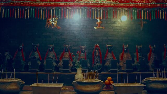 Ambient motion of rising smoke from offering incense in an altar with a row of statues of folk deities in Lit Shing Kung complex in Man Mo Temple. Sheung Wan, Hong Kong