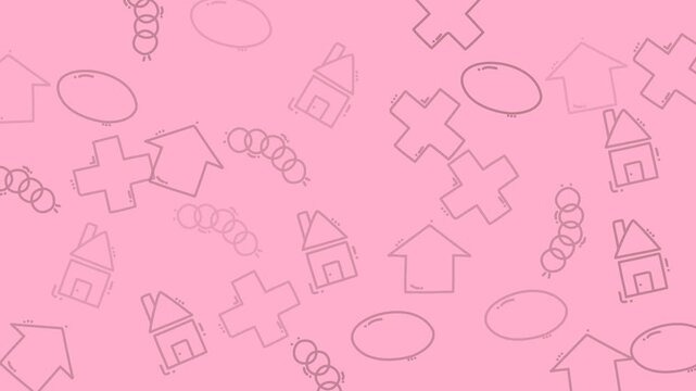 Pink background with various doodles of houses, arrows, plus signs, circles, ovals, and patterns of simple shapes. Suitable for graphic design projects.