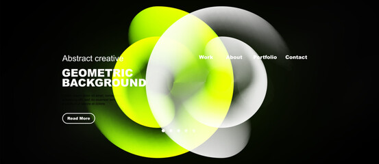 Fototapeta premium Abstract design features overlapping circles, vibrant green hues, dark background. Minimalist website layout includes navigation options, text elements.