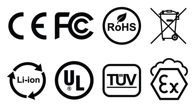 Set of common certification and compliance symbols including CE FC RoHS UL TUV and Ex.