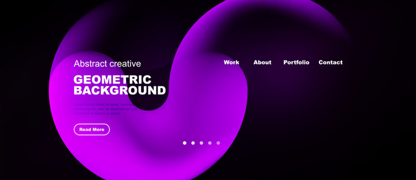 Modern website design features vibrant purple abstract shapes, text elements, navigation menu. Minimalist aesthetic, dark background.
