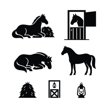 Horse in stable and resting with farm element icons