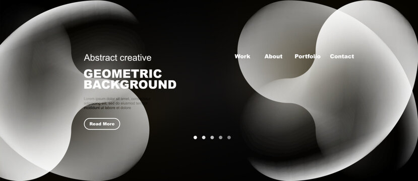 Abstract shapes form fluid design. Minimalist website header with text, navigation, dots. Dark background enhances visual impact.