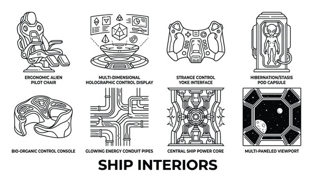Ship interiors set alien technology icons futuristic spaceship control room design elements.