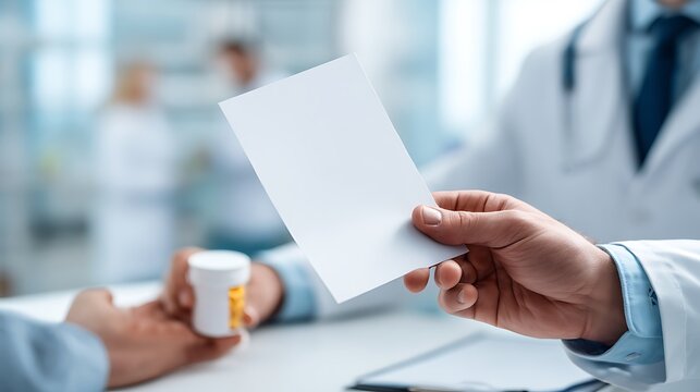 Close up of a doctor hand giving a blank white prescription paper note to a patient holding a medicine bottle in a hospital clinic.
