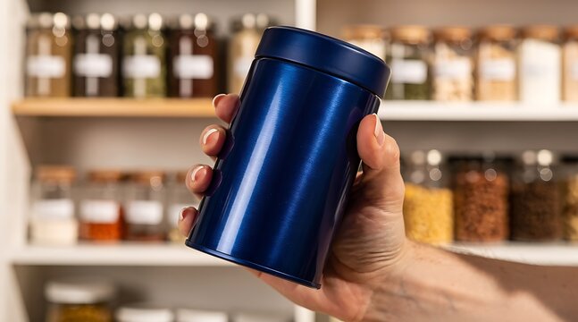 Hand Holding Blue Metal Canister in Pantry with Jars.