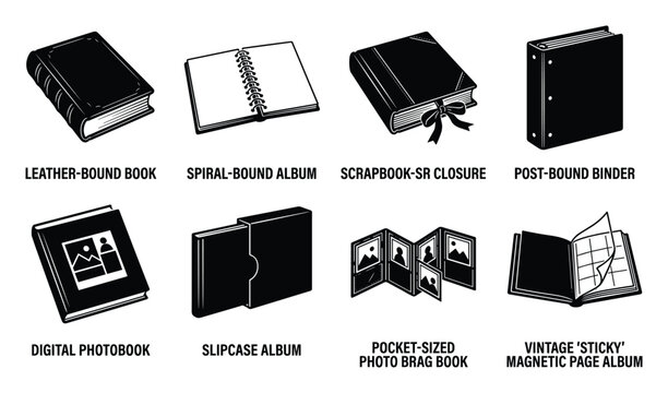 Variety of book and album binding styles icon set for photography storage and professional memory logs.
